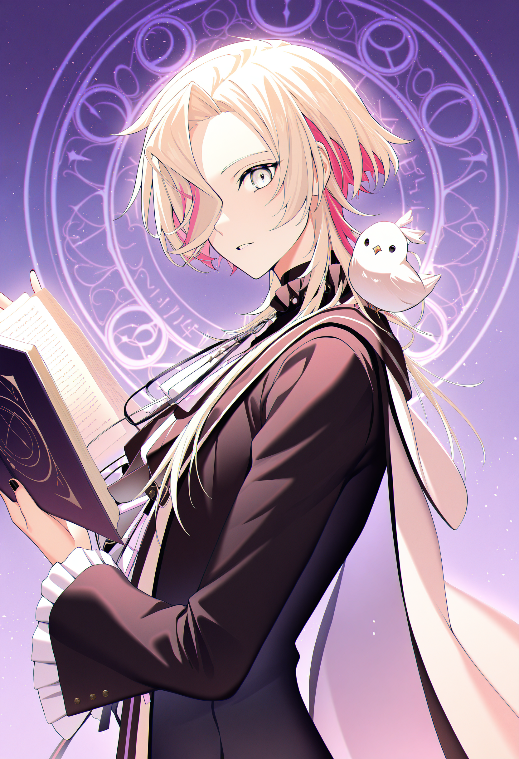 utsugi uyu, 1boy, streaked hair, male focus, hair over one eye, pink hair, solo, bird on shoulder, frilled sleeves, black shirt, open book, holding, purple background, blonde hair, long hair, parted lips, long sleeves, white shirt, medium hair, grey eyes, magic circle, colored inner hair, black nails, cape, light particles, black jacket, floating book,
looking at viewer, from side, standing, dappled sunlight,
masterpiece, best quality, very aesthetic, absurdres
<lora:holostars_allmems_illustrious_v1:1>
<lora:illustrious_noobai_epsilon_pred_1_masterpieces_v1:1>