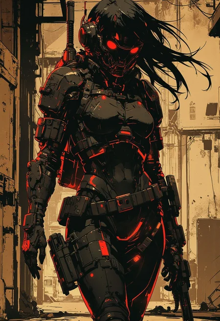 in the style of ck-mgs, nistyle, Inkplash art on rice paper, sepia, henna, Silhouette Art, magnificent, inksplash, closeup portrait, female bounty hunter, flowing black hair, reflective black and neon red armor, futuristic armor, aiming a rifle, futuristic rifle, holstered pistol, abstract background suggesting hallways of a futuristic spaceship, broken pannels and wires hanging off of the walls, eerie atmosphere, Cowboy Shot, close up,