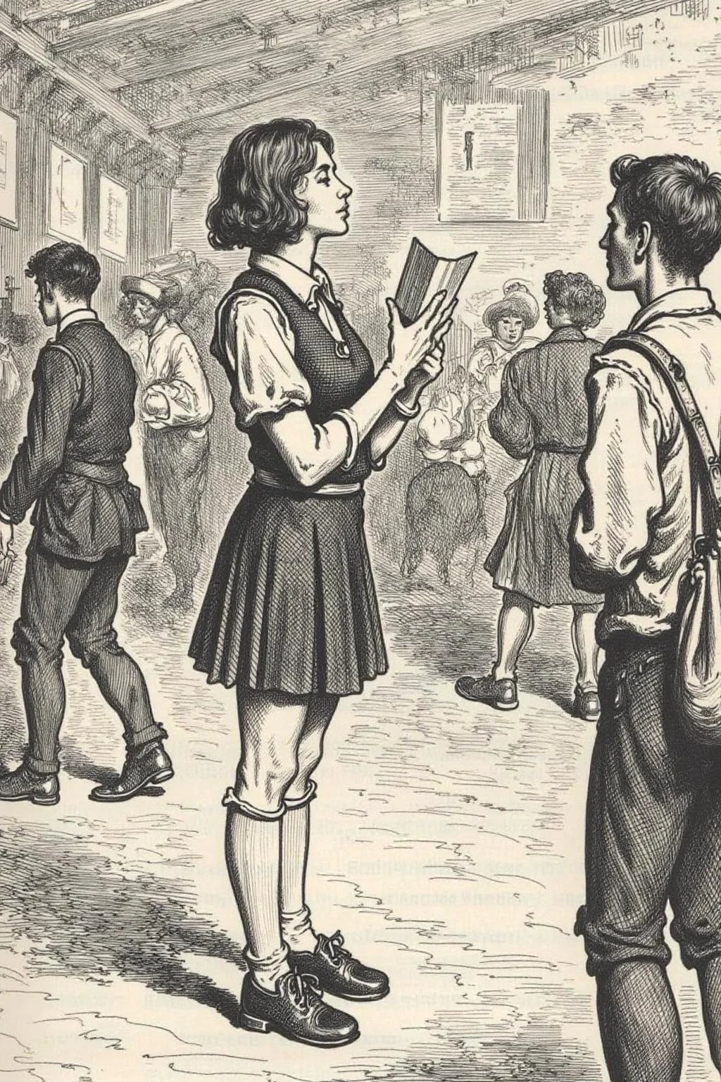 gusdore1 illustration. Profile of a high school student in uniform, white socks and black shoes, standing in the middle of a train station, holding two acceptance letters--one for a local college and the other for an overseas university. The station is bustling with people moving in every direction, while she stands still, eyes closed, taking a deep breath as she tries to decide which future to follow <lora:gusdore1_nocap_d4a2e8:1.0><lora:801235173078466070:0>