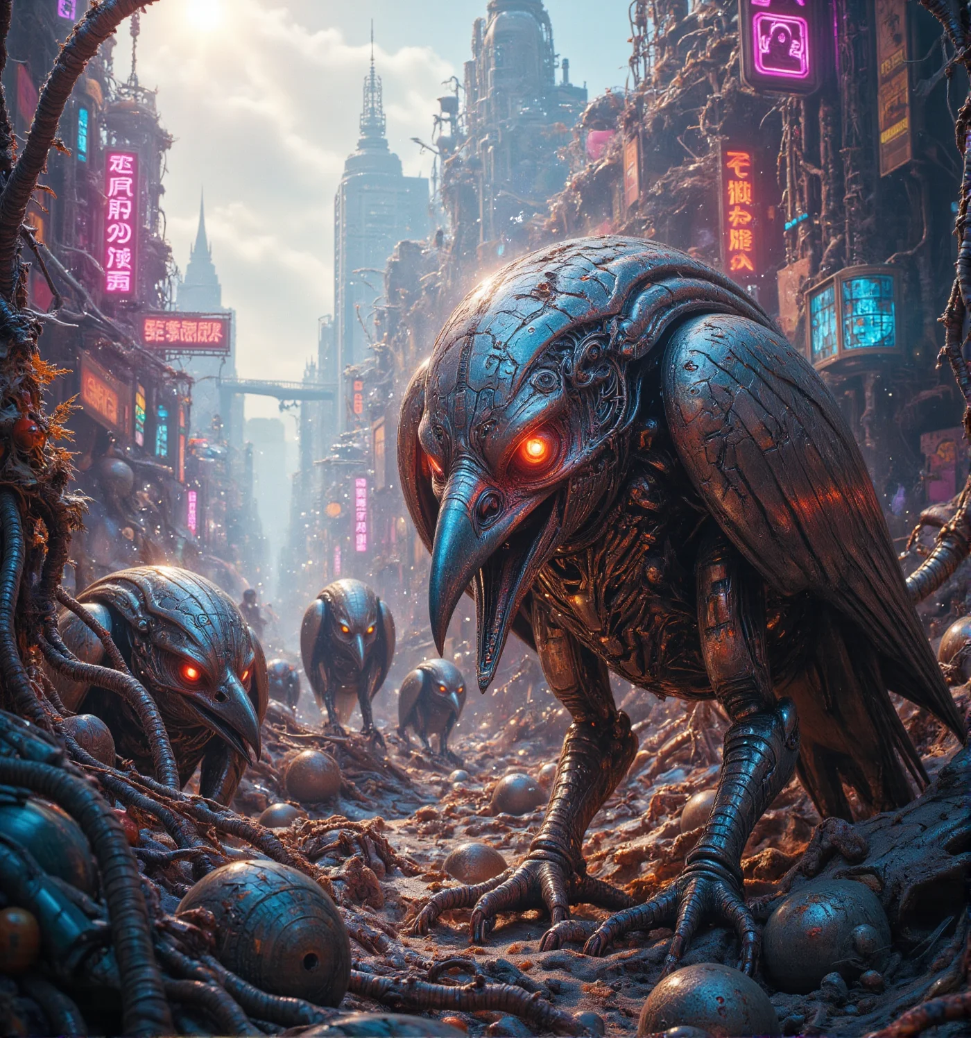 A cyberpunk-style image of several metallic robot crows with piercing, glowing red eyes scavenging through a futuristic dystopian junkyard, littered with decaying metal structures and neon-drenched debris. The crows, with intricate mechanical details and sharp, metallic beaks, are depicted amidst the chaos, their glowing eyes scanning the environment for usable parts. The scene is bathed in the harsh, white light of the midday sun, casting harsh shadows on the twisted metal. The crows, in their sleek, articulated forms, appear both ominous and efficient, perfectly adapted to the harsh reality of this dystopian landscape. The lighting is a mixture of the harsh sunlight and the remnants of faded neon signs, creating a surreal and unsettling atmosphere. This striking image captures the stark beauty and dark atmosphere of the cyberpunk genre, hinting at a desperate struggle for survival in a technology-saturated wasteland Midjourney_Whisper