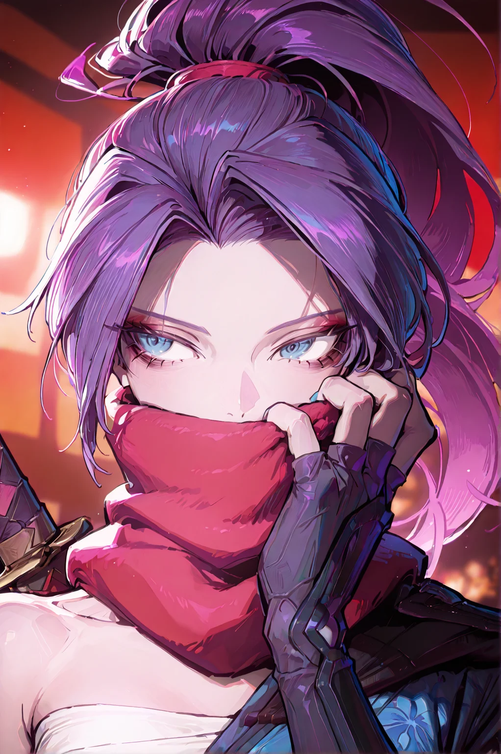 1girl, solo, (portrait:1.5), 30y, <lora:Psylockev1_Illu_Dwnsty:1> psylocke_mvr, blue eyes, purple hair, high ponytail, parted bangs, long hair, red scarf, scarf over mouth, japanese clothes, chest sarashi, kimono, sash, red belt, obi, single shoulder pad, fingerless gloves, arm guards, nail polish, blue nails, black footwear, blue thighhighs, sheath, weapon on back, blurry background, <lora:cgel-style-richy-v1_ixl:1>, <lora:princess_xl_v2:1>, <lora:illustrious_noobai_epsilon_pred_11_very_aesthetic_v1:1> masterpiece, best quality, very aesthetic, absurdres, <lora:illustrious_noobai_epsilon_pred_1_best_quality_v1:0.8> masterpiece, best quality, very aesthetic, absurdres, masterpiece, best quality, amazing quality, very aesthetic, absurdres, ultra-detailed, newest
