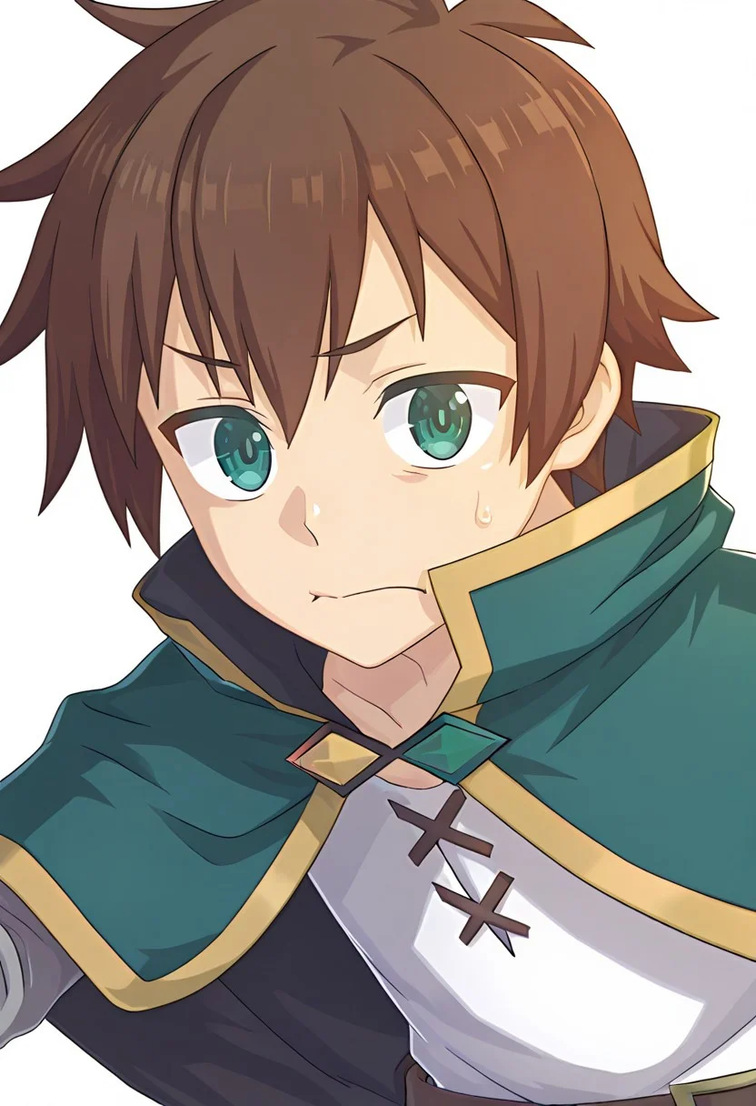 masterpiece,best quality,amazing quality, Kazuma-Liver020, white shirt, brown hair, short hair, green eyes, green capelet, grey sleeves, brown belt, upper body, konofan, 1 man, solo, Satou Kazuma, Kazuma Satou, simple background, white background, looking at viewer