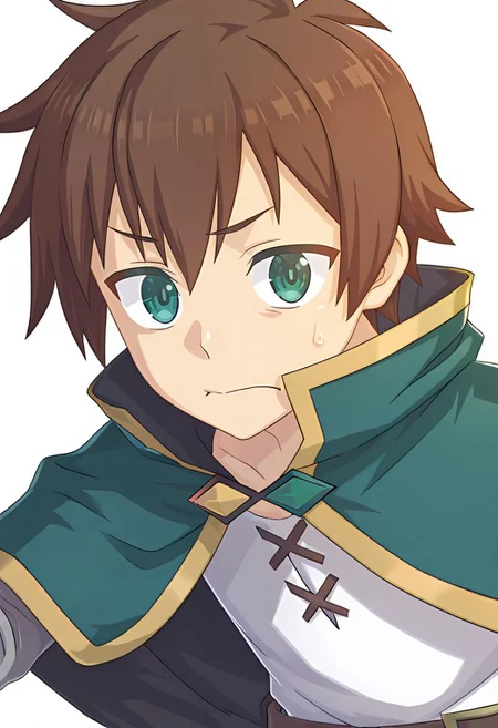 masterpiece,best quality,amazing quality, Kazuma-Liver020, white shirt, brown hair, short hair, green eyes, green capelet, grey sleeves, brown belt, upper body, konofan, 1 man, solo, Satou Kazuma, Kazuma Satou, simple background, white background, looking at viewer