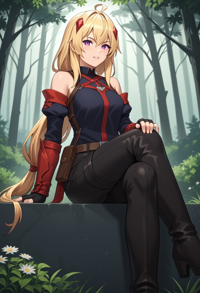 zPDXL3, score_9_up, score_8_up, score_7_up, (Anime_source), 1girl, Ines Harness from Parry, purple eyes, blonde hair, long hair, low tie ponytail, parted lips, STANDING ON WHITE BACKGROUND, air_bow, red_bow, red_ribbon, bare_shoulders, elbow_gloves, belt, bet_pouch, fingerless_gloves, shirt, detached_sleeves, black_shorts, thigh_boots sitting_pose, hand_on_own_knee, hand_on_own_thigh, hand_on_own_chin, crossed_legs, looking_at_viewer, pout, slight_smile, light_blush, parted_lips, amaranth_forest, towering_trees, glowing_mist, bioluminescent_flowers, peaceful_wildlife, ethereal_light, mystical_vibes, tranquil_aura, vibrant_foliage, glowing_fog, magical_atmosphere, fantasy_nature, painterly_style