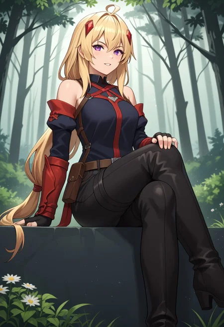 zPDXL3, score_9_up, score_8_up, score_7_up, (Anime_source), 1girl, Ines Harness from Parry, purple eyes, blonde hair, long hair, low tie ponytail, parted lips, STANDING ON WHITE BACKGROUND, air_bow, red_bow, red_ribbon, bare_shoulders, elbow_gloves, belt, bet_pouch, fingerless_gloves, shirt, detached_sleeves, black_shorts, thigh_boots sitting_pose, hand_on_own_knee, hand_on_own_thigh, hand_on_own_chin, crossed_legs, looking_at_viewer, pout, slight_smile, light_blush, parted_lips, amaranth_forest, towering_trees, glowing_mist, bioluminescent_flowers, peaceful_wildlife, ethereal_light, mystical_vibes, tranquil_aura, vibrant_foliage, glowing_fog, magical_atmosphere, fantasy_nature, painterly_style