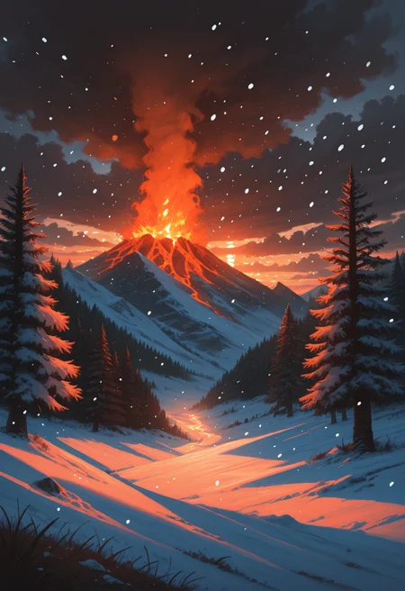 no humans, scenery, tree, outdoors, cloud, mountain, sky, nature, cloudy sky, forest, pine tree, mountainous horizon, landscape, grass, volcano, sunset, fire, snow, snowing, winter, masterwork, masterpiece, best quality, dynamic lighting , dynamic pose,, dynamic angle, , , (realistic:1.2), (lineless:1.2), detailed, , aged up, adult, depth of field, dynamic lighting, blurry, cheekbones,