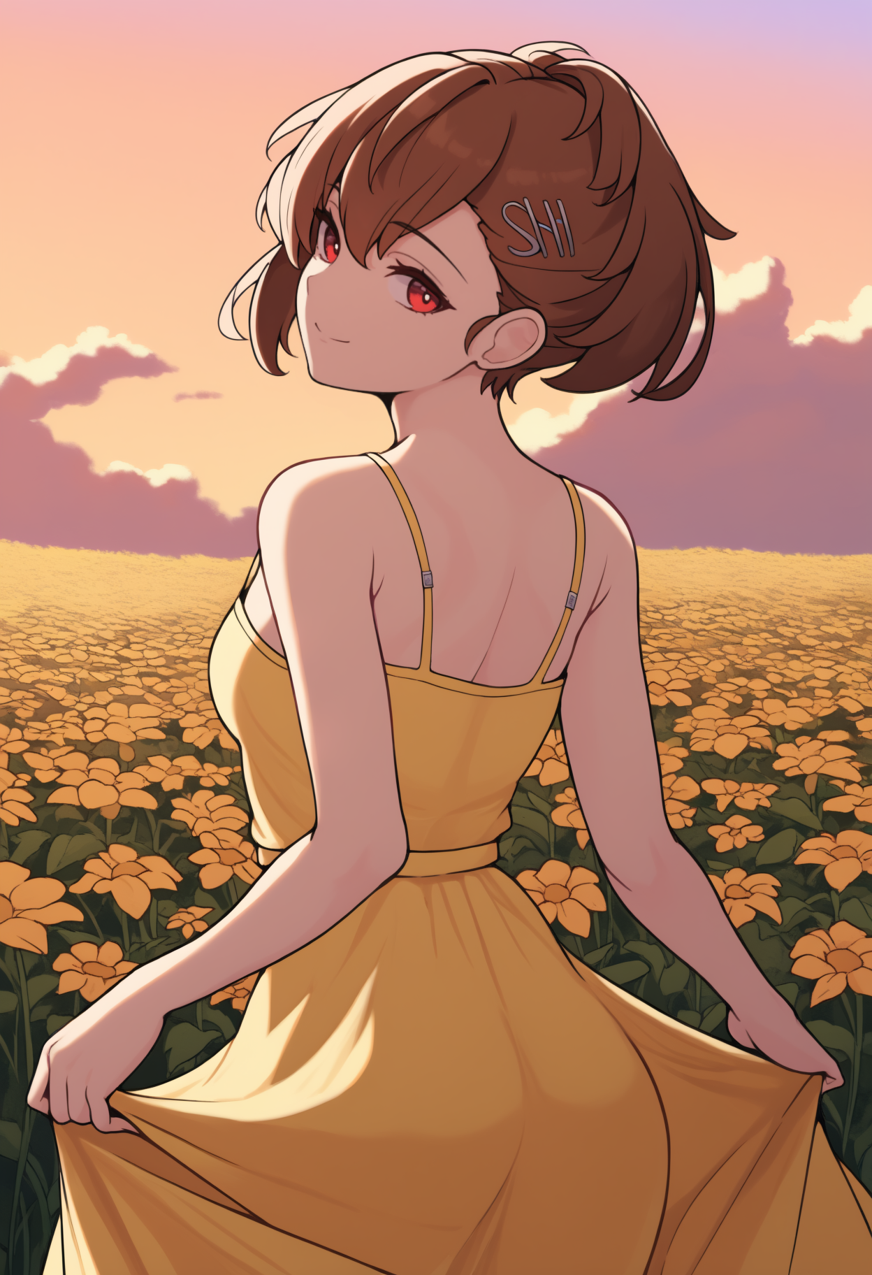 masterpiece, best quality, newest, from behind, solo, 1girl, sh1omi, smile, looking back, skirt hold, short hair, brown hair, ponytail, hairclip, red eyes, yellow sundress, spaghetti strap, bare shoulders, outdoors, sunset, cloud, flower field
<segment:yolo-Anzhc Face seg 640 v3 y11n.pt,0.4,1//cid=11>
