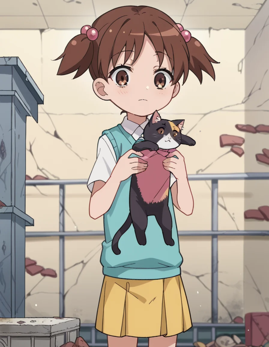 score_9, score_8_up, score_7_up, source_anime, <lora:kana-hazamaya-s1-ponyxl-lora-nochekaiser:1>, kana hazamaya, short hair, brown hair, hair ornament, twintails, brown eyes, hair bobbles, short twintails, child, anime screencap,, skirt, school uniform, sweater vest, blue sweater vest,, dam, water, concrete, structure, height, , <lora:longcat-ponyxl-lora-nochekaiser:1> longcat, longcat (meme), armpit carry, meme, holding cat, holding animal, cat, animal, bed room, looking down,, cowboy shot,, looking at viewer, solo,, dutch angle, cowboy shot