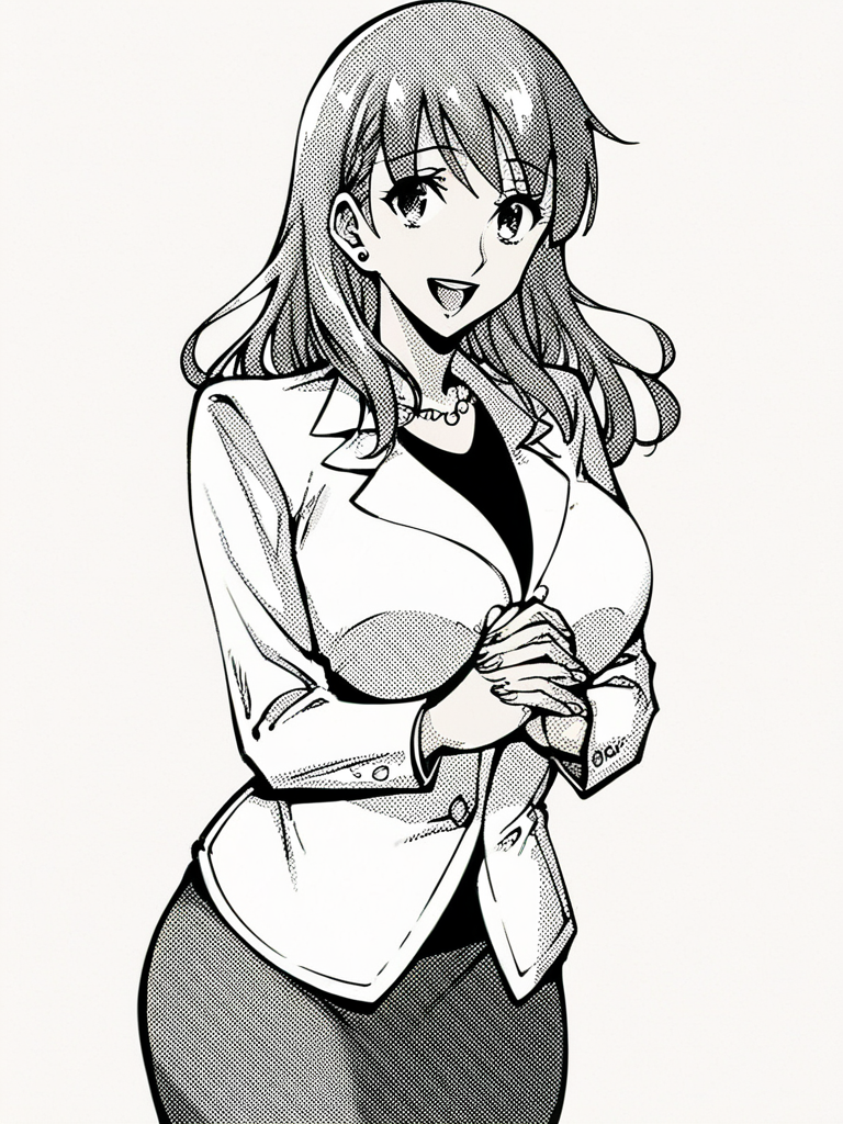 score_9, score_8_up, score_7_up, 
1girl, monochrome, mayumi nk, grey hair, long hair, large breasts,

standing, smile, open mouth, looking at viewer, grey skirt, white jacket, black t-shirt, standing, formal, own hands together, white background,