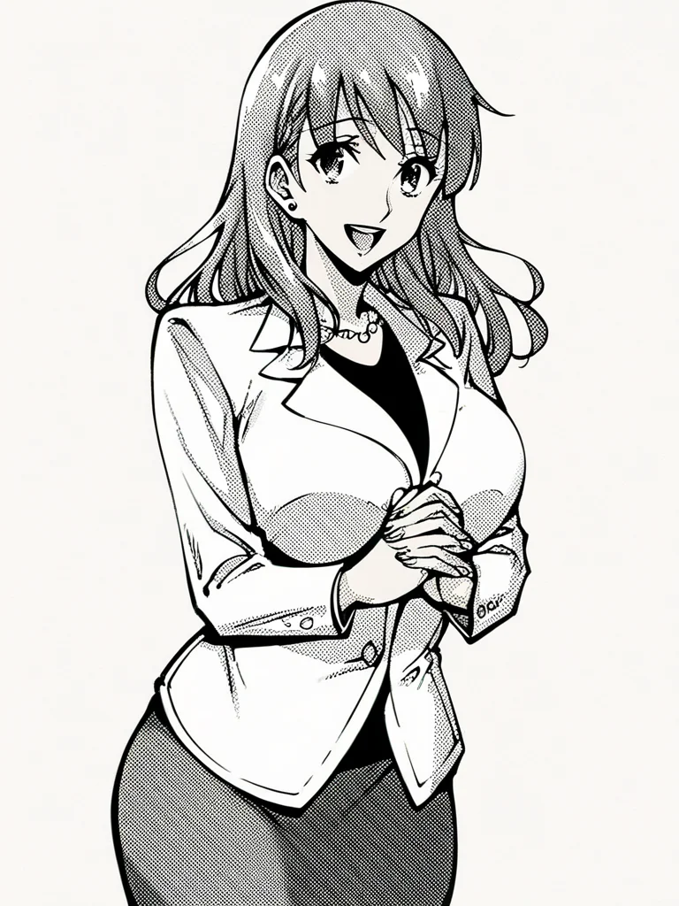 score_9, score_8_up, score_7_up,
1girl, monochrome, mayumi nk, grey hair, long hair, large breasts,
standing, smile, open mouth, looking at viewer, grey skirt, white jacket, black t-shirt, standing, formal, own hands together, white background,