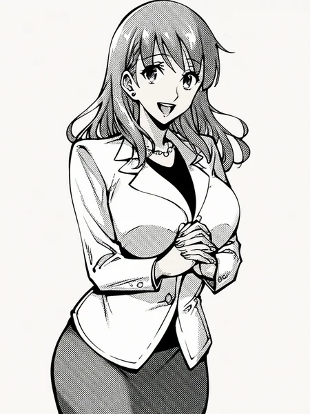score_9, score_8_up, score_7_up,
1girl, monochrome, mayumi nk, grey hair, long hair, large breasts,
standing, smile, open mouth, looking at viewer, grey skirt, white jacket, black t-shirt, standing, formal, own hands together, white background,