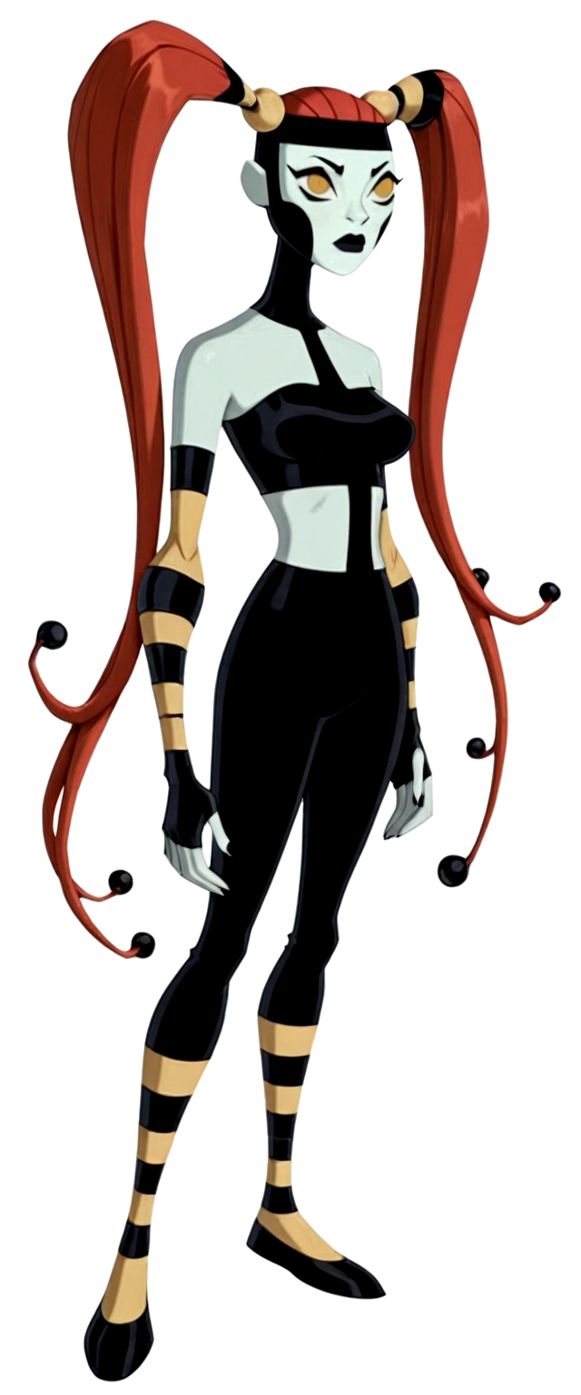 frightwigOV, 1girl, solo, colored skin, twintails, full body, very long hair, yellow eyes, red hair, black lips, breasts, white skin, fingerless gloves, striped sleeves, detached sleeves, crop top, black top, black pants, striped pants, black footwear, headband, striped headband, no pupils, tentacle hair, looking at viewer, white background, masterpiece,best quality,amazing quality,