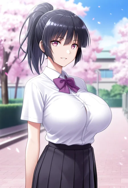 masterpiece, best quality, amazing quality,makoto kitamichi, pink eyes, black hair, long hair, ponytail, mature female, breasts, large breasts,school uniform,pleated skirt,white shirt, black skirt, purple bow,short sleeves, parted lips, light smile, standing, looking at viewer, cowboy shot, blurry background, outdoors, school, cherry blossoms <lora:makoto kitamichiV1:0.9>