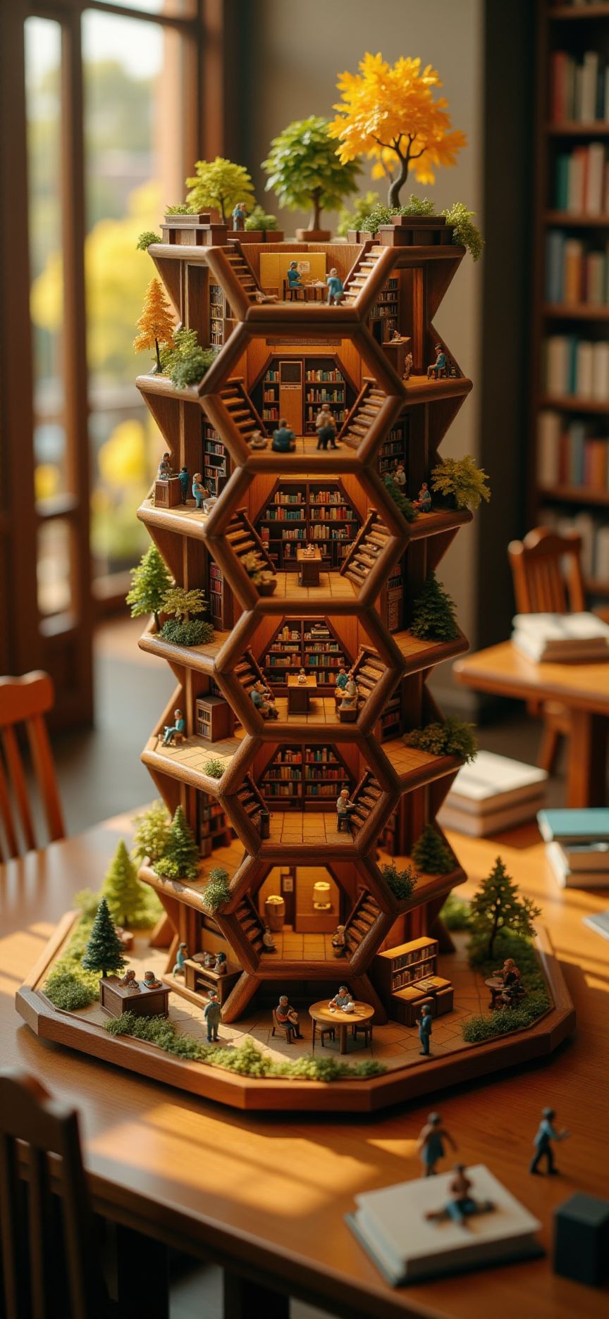 (indoors,indoor,isometric view,side view,tilt-shift lens:2), (fna_style,miniature,miniature,diorama,miniature,diorama,PVC,plastic:2),sunset,autumn giant (multi layers of library with cafe hexagonal vertical:2.5) is located center, people, (in wooden square plate:3) (on table at study:3) <lora:Fantasy_Novel_Art_Style:1> <lora:Rostpunk:0.3>