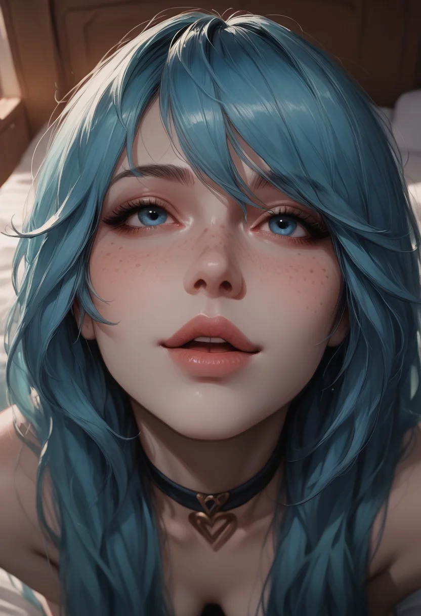 score_9, score_8_up, score_7_up, score_6_up,  1 girl , kawaii girl, freckles, sexy, blushing, petite, slim, kneeling, smiling, soles, slight open mouth,  head tilted up, portrait, bedroom, detailed drawing, partially illuminated, blurry background, face focus, from above, looking up at viewer, s1_dram, watercolor \(medium\), traditional media, sona_(league_of_legends), league_of_legends, 1girl, blue_hair, blue_eyes,
choker,