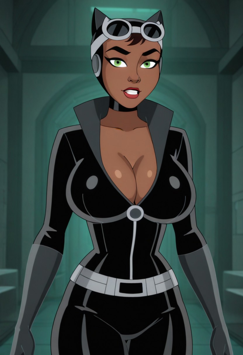 1girl,solo
, dark-skinned female, lipstick,black hair, green eyes
looking at viewer,huge breasts,cleavage
goggles on head, bodysuit, goggles