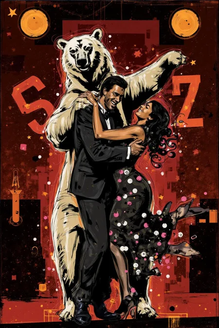 poster illustration of a man and a woman dancing with a polar bear at a jazz club. <lora:posterillustration_cap_d8a4e11:1.0><lora:846223327711455598:0>