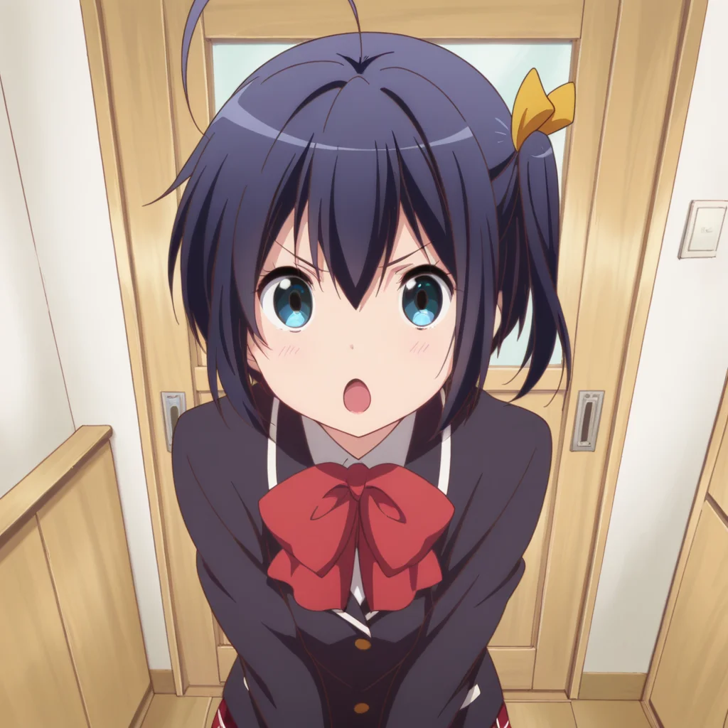 masterpiece, best quality, amazing quality, 1girl, solo, love_chunibyo_other_delusions_takanashi_rikka, standing, no eyepatch, school uniform, short hair, one side up, blue eyes, :o, black hair, open mouth, looking at viewer, bow, ahoge, jacket, red bow, blazer, v-shaped eyebrows, anime coloring, ribbon, skirt, <lora:Takanashi_Rikka:0.7>