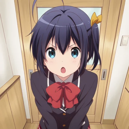 masterpiece, best quality, amazing quality, 1girl, solo, love_chunibyo_other_delusions_takanashi_rikka, standing, no eyepatch, school uniform, short hair, one side up, blue eyes, :o, black hair, open mouth, looking at viewer, bow, ahoge, jacket, red bow, blazer, v-shaped eyebrows, anime coloring, ribbon, skirt, <lora:Takanashi_Rikka:0.7>