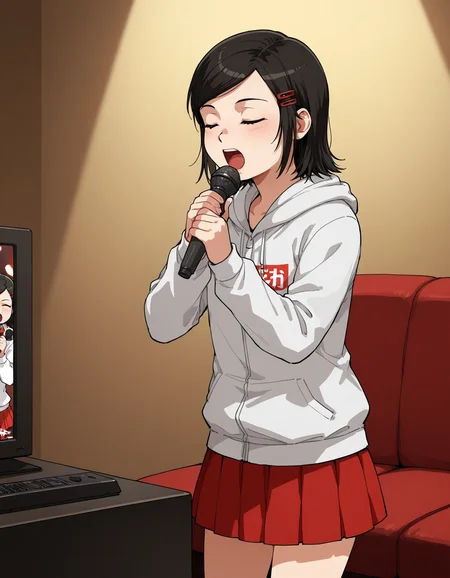 1girl, <lora:Sawamura_Haruka_IllustXL:0.8> sawamura_haruka, black hair, hair ornament, short hair, hairclip, black eyes, hood, hoodie, long sleeves, skirt, red skirt, pleated skirt
solo, closed eyes, karaoke, karaoke box, singing, holding microphone, spotlight, indoors, dark
