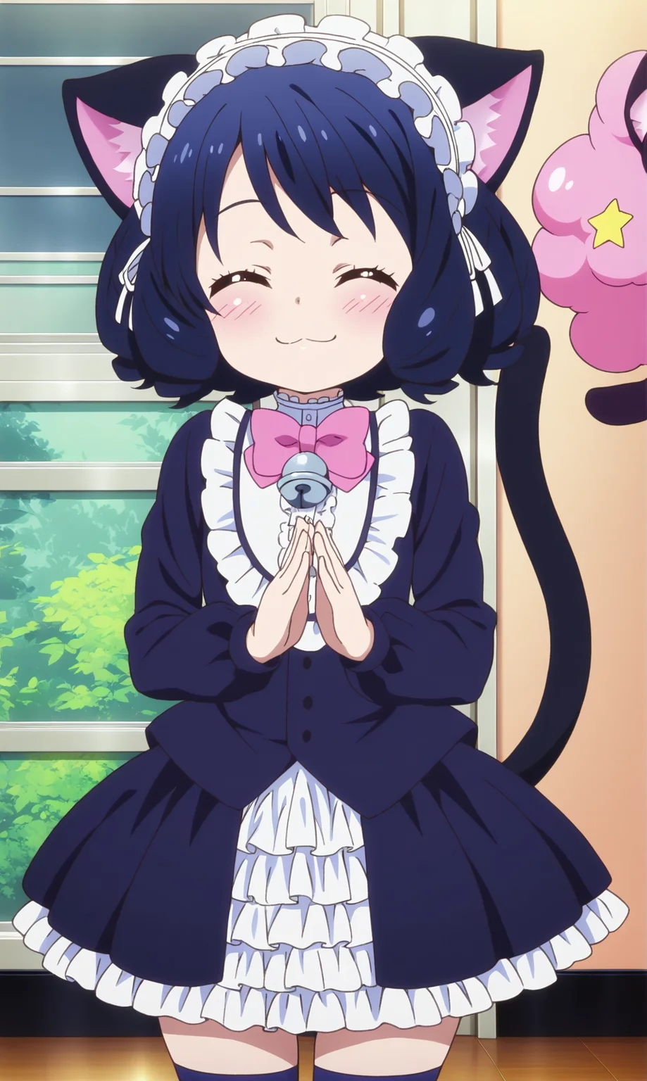 masterpiece, best quality, curvy, beautiful eyes, zzcyanhijirikawa, 1girl, animal_ears, tail, cat_ears, cat_girl, solo, very_childish_and_innocent, cat_tail, closed_eyes, bell, upper_body, up_hands, striped_clothes, bow, smile, blush, black_hair, curly_hair, pink_bow, dress, ^_^, :3, fashion, frills, short_hair, jingle_bell, child, female child, zettai_ryouiki, gothic, bowtie, hairband,