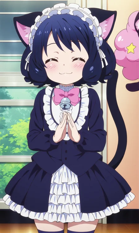 masterpiece, best quality, curvy, beautiful eyes, zzcyanhijirikawa, 1girl, animal_ears, tail, cat_ears, cat_girl, solo, very_childish_and_innocent, cat_tail, closed_eyes, bell, upper_body, up_hands, striped_clothes, bow, smile, blush, black_hair, curly_hair, pink_bow, dress, ^_^, :3, fashion, frills, short_hair, jingle_bell, child, female child, zettai_ryouiki, gothic, bowtie, hairband,