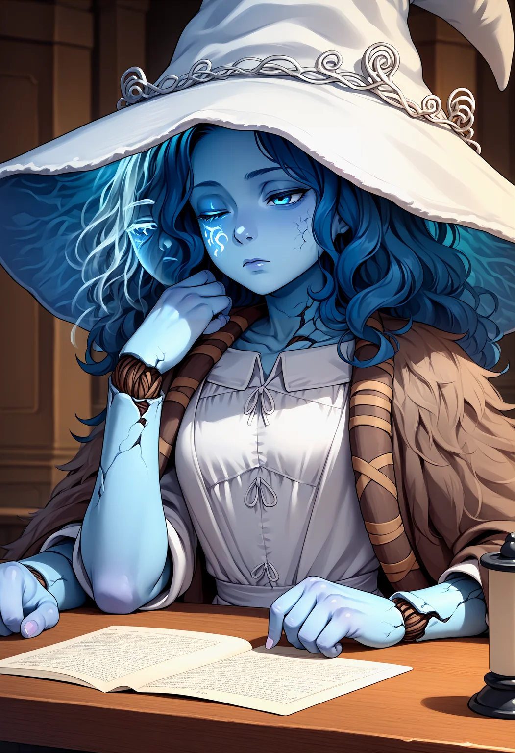 score_9, score_8_up, score_7_up, source_anime, 1girl,  <lora:Ranni_XLPD_CAME:1>, IncrsXLRanni, wavy hair, cracked skin, colored skin, blue skin, (extra faces), (extra arms), doll joints, witch hat, white dress, brown coat, arm rest, upper body, table, resting, tired, arm on table,