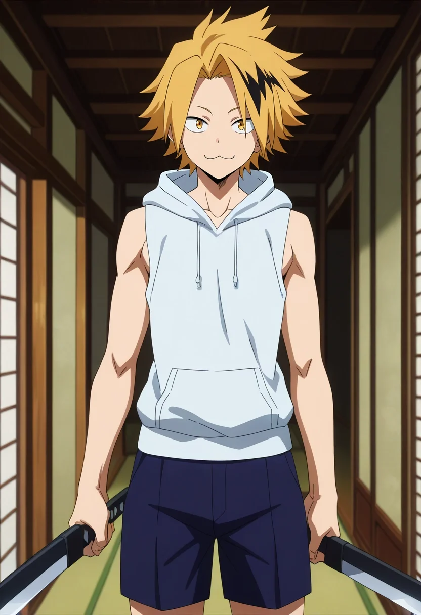 masterpiece, best quality, intricate details, anime screencap, anime coloring, , , , 1boy, solo, male focus, <lora:denki_kaminari_ilxl:0.92>, denki_kaminari, blonde hair, yellow eyes, short hair, spiked hair, multicolored hair, two-tone hair, black hair, streaked hair, cowboy shot, east asian architecture, indoors, light, holding weapon, :\3, LemonZest Lycra Pleated shorts, Cotton Moroccan Sleeveless hoodie, , ,