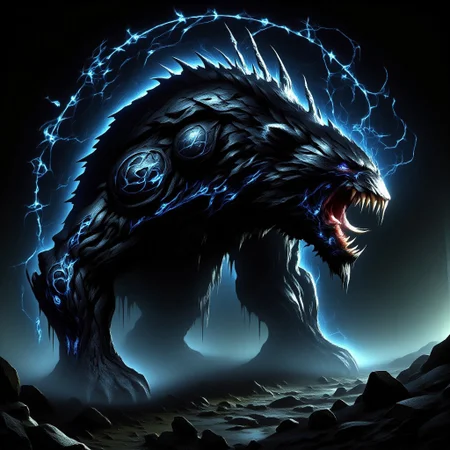 A towering, terrifying black bear emerges from the shadows, its hulking form cloaked in darkness. Muscles ripple beneath its coarse, matted fur, exuding an aura of unstoppable power. Its claws, sharp as razors and gleaming in the dim light, look capable of rending through steel with ease. The bear's maw opens to reveal jagged, blood-stained teeth, each one a lethal weapon in its own right. A low growl emanates from deep within its throat, causing the ground to tremble beneath its feet. Saliva drips from its snarling lips, each drop hissing as it hits the ground, adding to the bear's monstrous, nightmarish presence. Glowing magical runes Cover its body