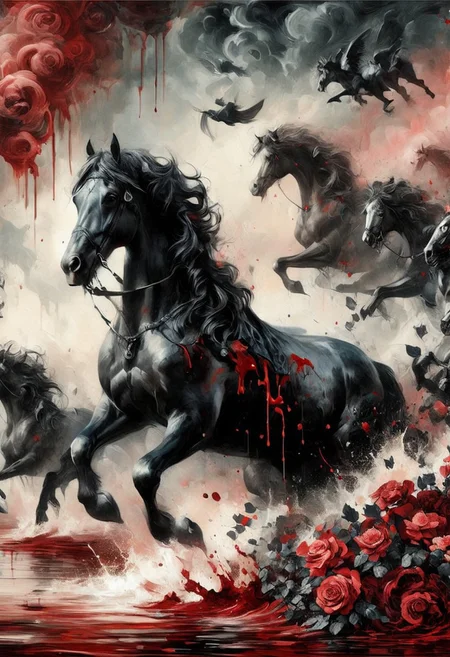 A black horse running through a blood lake with black roses in it, inkbaroque