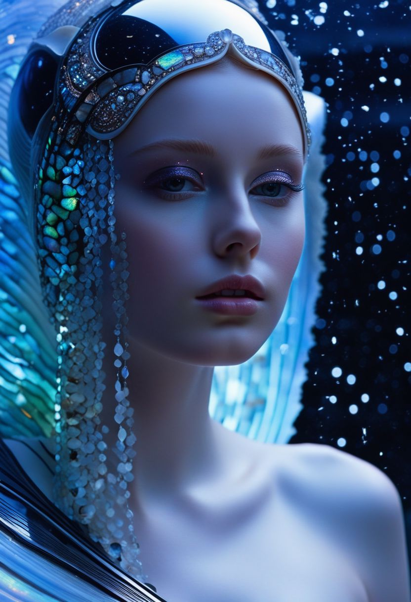 standing, long shot, highest esthetic score, photo of an exquisitely beautiful pale skin  european 1girl, 20yo, modern implementation of sci-fi  "botichhelli The Birth of Venus" fantastic epic masterpiece, starlight falls on beautiful young face. Depth of field, insane details:1.4,  ultra detailed, absurdres, 1:280f Zeiss lens, long aperture, abalone shell, fiery opal, platinum, obsidian ,feet in the shell, extraterrestrial sight, intricate background