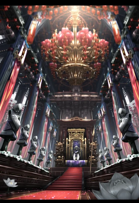1girl, solo, long hair, hat, holding, sitting, flower, weapon, green hair, indoors, wide sleeves, blurry, tree, petals, crossed arms, white flower, polearm, letterboxed, scenery, spear, lantern, holding polearm, architecture, east asian architecture, pillar, vase, statue, throne, lotus, chandelier, shiki eiki, ryosios <lora:ryosios:1>