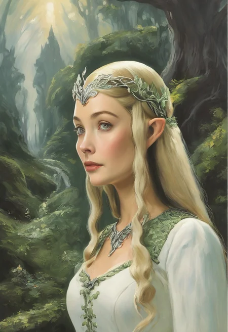 detailxl, easynegative, style of Dorothy Draper, The Lord of the Rings style, BREAK, (((solo))), ((1female)), (((/galadriel/))), (((elf))), (((long hair))), (((tiara))), (((blonde hair))), long green cape, long white dress, BREAK, forest