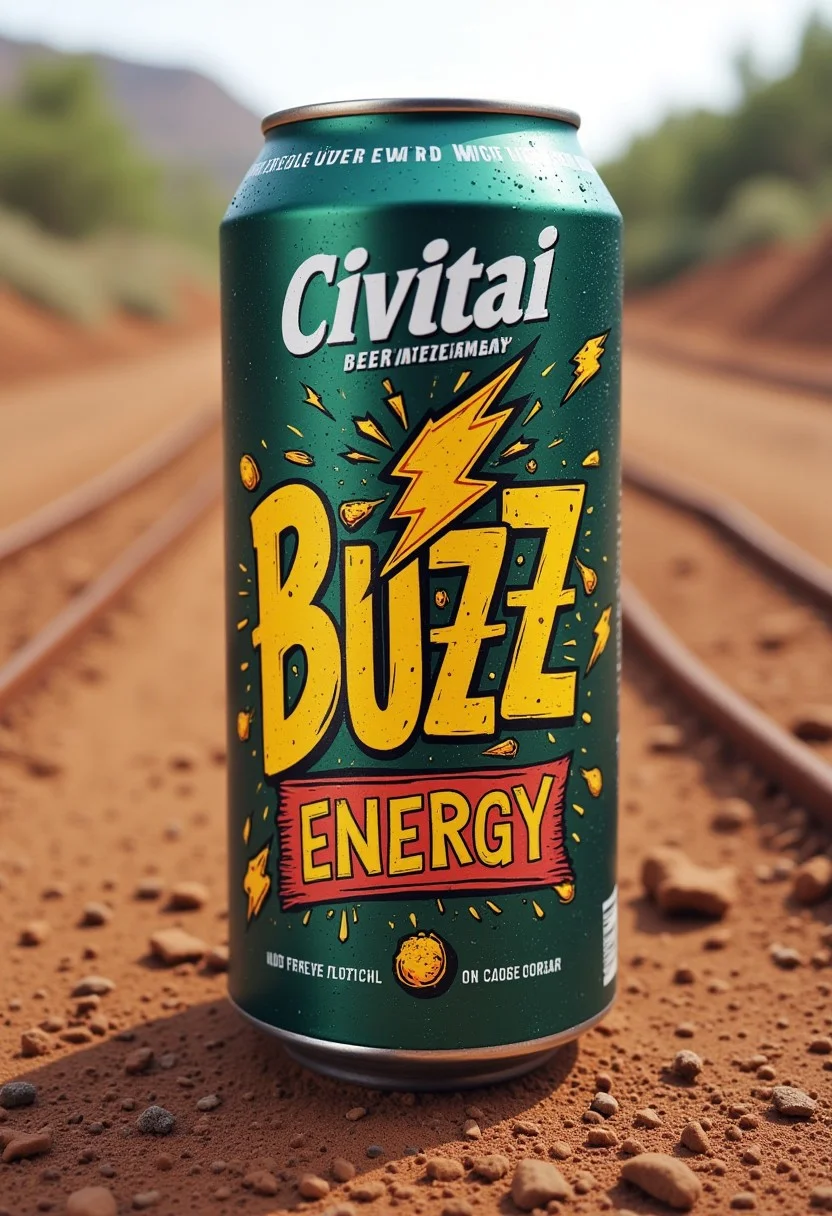 This is a high-resolution photograph of a can of beer, specifically the "Buzz Energy" beer from Civitai Brewing Company. The can is prominently displayed in the center of the image, standing upright on a rugged, dirt road with dirtbike tracks. The can's label is the main focus, featuring a vibrant, cartoonish illustration of a golden lightning bolt sparking with energy.<lora:Beer_Can_Creator_F1D:0.8>