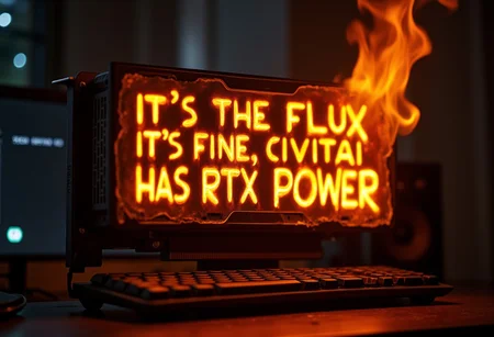 A computer with an Nvidia RTX 4090 video card on fire. The fire creates the following phrase "IT'S THE FLUX, IT'S FINE, CIVITAI HAS RTX POWER!"