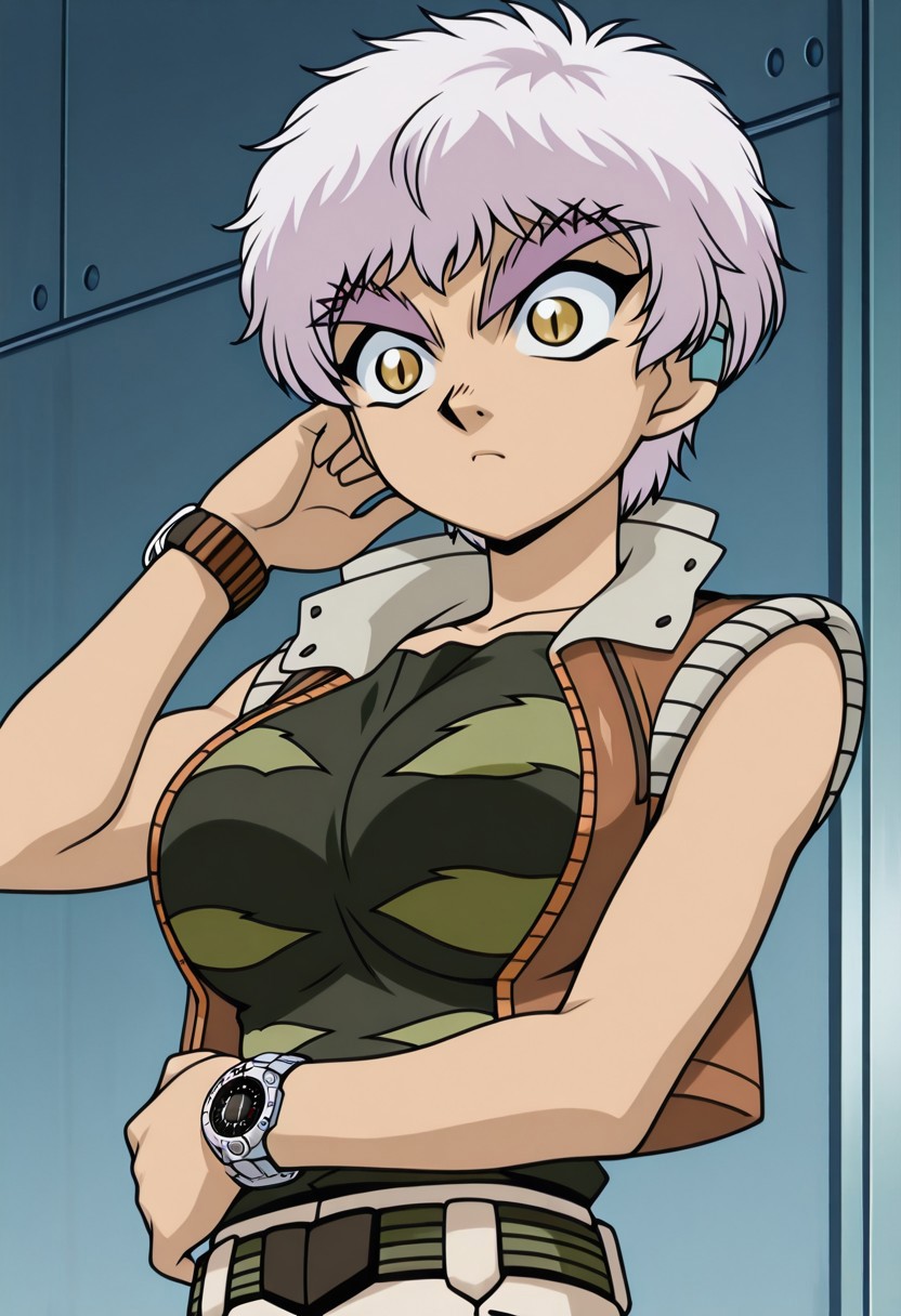 score_8_up, score_7_up, anime screencap, anime art style, best quality, hyper detailed,masterpiece,bakugan mechtanium surge, anime screencap,anime art style,1girl,tom boy,bakugan,paige /(bakugan/),pamela schwartz,sleeveless jacket,open jacket,yellow eyes,white hair,solo,watch,short hair,wristwatch,parody, large breasts