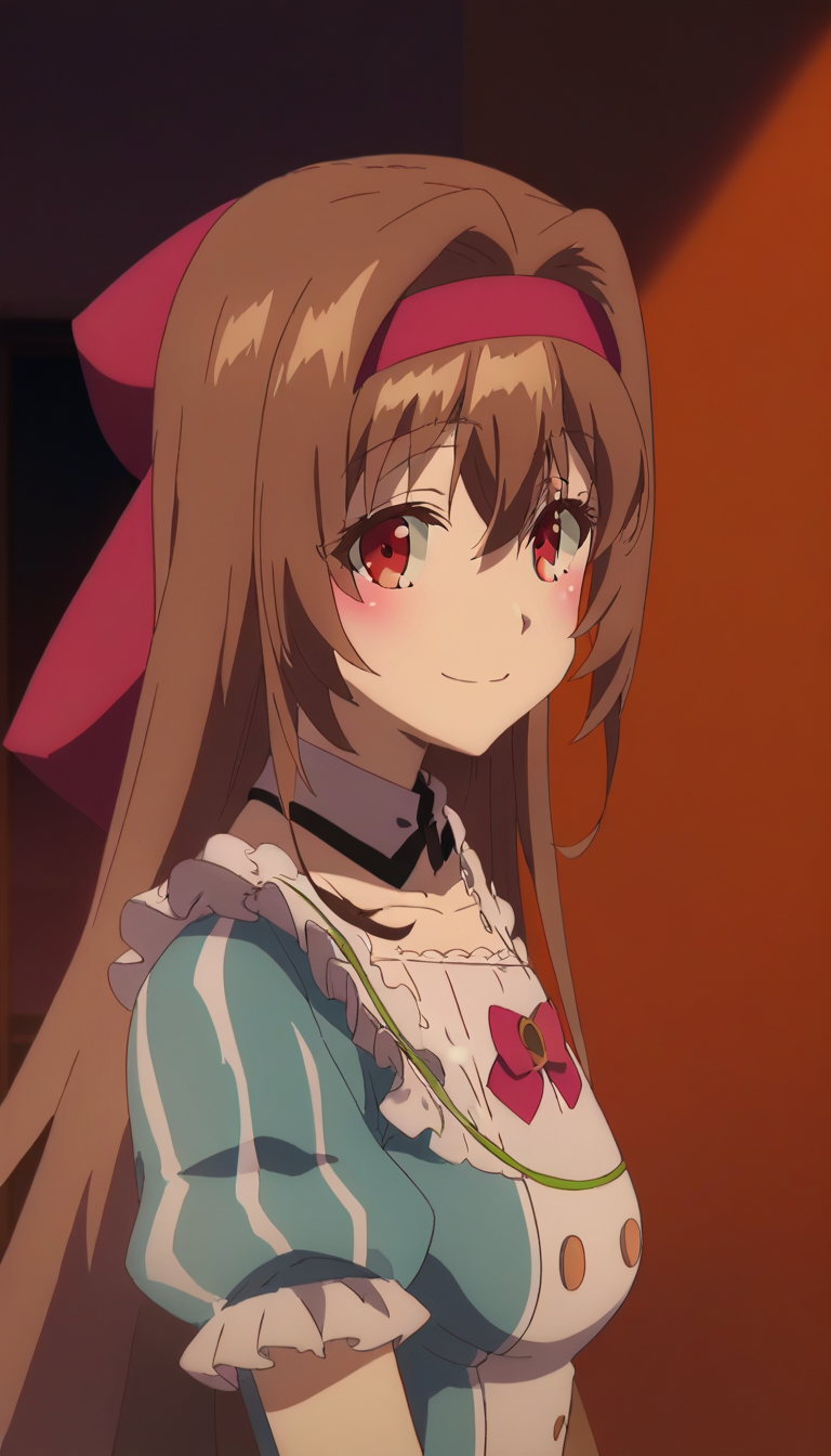 score_9,score_8_up,score_7_up,score_6_up BREAK official art,solo,outdoors,upper body,(portrait:1.5),looking at viewer,facing viewer,smile,blush,Kiara,very long hair,brown hair,hair intakes,red hairband,hair bow,hair ribbon,red ribbon,sidelocks,hair between eyes,bangs,red eyes,detached collar,long dress,blue dress,vertical-striped dress,frills,white dress,white shirt,buttons,pink bowtie,medium breasts,puffy short sleeves,wrist cuffs,high heels,<lora:Kiara(rh)-Pony:1.6>,