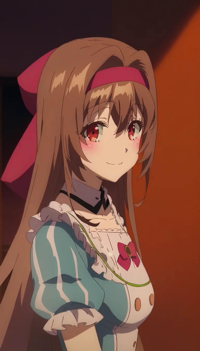 score_9,score_8_up,score_7_up,score_6_up BREAK official art,solo,outdoors,upper body,(portrait:1.5),looking at viewer,facing viewer,smile,blush,Kiara,very long hair,brown hair,hair intakes,red hairband,hair bow,hair ribbon,red ribbon,sidelocks,hair between eyes,bangs,red eyes,detached collar,long dress,blue dress,vertical-striped dress,frills,white dress,white shirt,buttons,pink bowtie,medium breasts,puffy short sleeves,wrist cuffs,high heels,<lora:Kiara(rh)-Pony:1.6>,