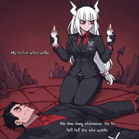 masterpiece, best quality, newest, absurdres, highres, anime, anime style, MHWW-V1.0, my hot witch wife (meme), text (my hot witch wife), English text, 1girl, 1girl, lucifer \(helltaker\), black suit, red necktie, black collared shirt, black gloves, blunt bangs, demon horns, demon girl, demon tail, red eyes, white hair, long hair, text, text (Me doing whatever the hell she wants), 1boy, helltaker \(helltaker\), black hair, short hair, muscular, muscular male,