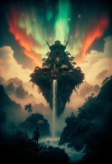 pinhole photography. A highly detailed cinematic composition of futuristic structure in a massive floating island, rising from the lush jungle below. Waterfalls and lush vegetation fall and cascade from the island. Debris, dirt and broken rocks fall from the island as it ascends into the sky. A colossal psychedelic aurora is the backdrop for this scene, shimmering in reddish colors. Reddish volumetric lighting blends with the rolling fog. <lora:Eldritch_PinholePhotography_1.0.0:1>