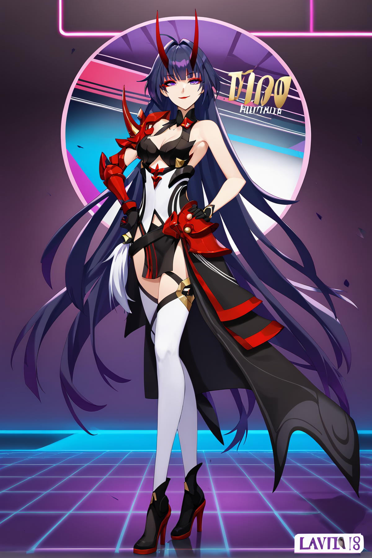 score_9, score_8_up, score_7_up, score_anime, 8k, best quality, masterpiece, (ultra-detailed), solo, hands on hip, (full body:1.1), looking at viewer, 
<lora:pony-Ldart_xl-000008:0.5>, masterpiece, best quality, (Detailed eye description), (8K wallpaper), (Detailed face description), (flat color:1.3), (ligne claire:1.3), (cover page:1.2), (movie poster:1.2), poster, cowboy shot, (solo), full body, 
(multicolored_background), striped_background, card_background, 1girl, red lips, (red eyeshadow), full body, looking at viewer, medium breasts, beautiful detailed bright eyes, (seductive smile), mixed, vaporwave, (Highest picture quality), (Master's work), 
<lora:RaidenMei(adult)-pony-Tanger:0.65>, 3rd clothes, leilv, japanese armor, red horns, 1girl, raiden mei, long hair, purple eyes, purple hair, white thighhighs, bare shoulders, cleavage, black glove, bangs, high heels,