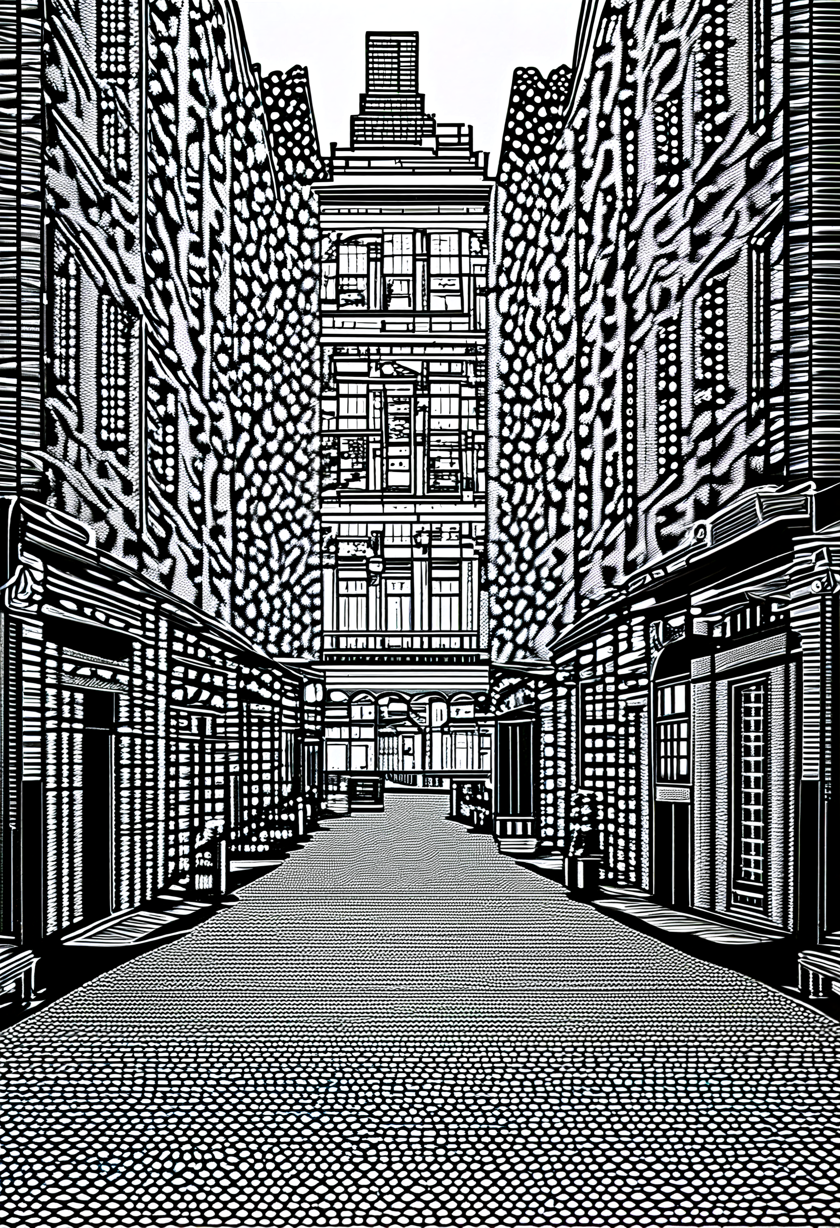 Pointillist style with small, distinct dots of color that blend together to form an image, [building|door|window|stairs|balcony|wall|brick|eaves_details:0.8], [Street|Landscape|Foliage|Pedestrian|Vehicle_Details:0.7], [metal|glass|wood|stone|cement|brick|textile_texture:0.8], small dots, distinct, blend together, dotted, intricate, optical illusion, vibrant, detailed