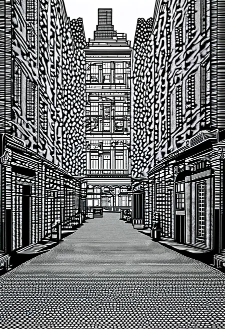 Pointillist style with small, distinct dots of color that blend together to form an image, [building|door|window|stairs|balcony|wall|brick|eaves_details:0.8], [Street|Landscape|Foliage|Pedestrian|Vehicle_Details:0.7], [metal|glass|wood|stone|cement|brick|textile_texture:0.8], small dots, distinct, blend together, dotted, intricate, optical illusion, vibrant, detailed