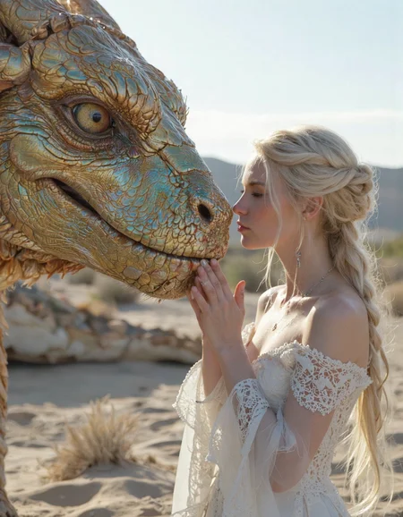 A photograph of a woman with elaborately braided platinum blonde hair, adorned in an ethereal white gown, stands close to a colossal, incandescent dragon. Capture the interplay of their contrasting textures: her delicate features juxtaposed with the dragon's iridescent scales, catching the waning sunlight. The woman's posture exudes an aura of serenity and trust, her hand gently caressing the dragon's jaw. The scene is bathed in the warm, diffused glow of the golden hour, casting long shadows across the desolate, sandy landscape. Utilize a low camera angle to emphasize the dragon's imposing size and imbue the composition with a sense of grandeur and intimacy. Focus on the point where their breaths mingle, hinting at an unspoken connection and shared moment of ephemeral beauty. The background should be a liminal expanse, sparsely populated with windswept dunes and the fading remnants of a once-majestic civilization.