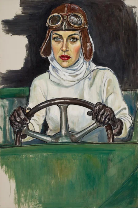 aliceneel2 painting.
tamaradelempicka1. A woman in a white headscarf is seated in the driver's seat of a green car. She wears a vintage aviator leather skull cap. Her eyes are intense, and her lips are red. Her gloved hand is on the wheel. The background is abstract with dark and light shades.  <lora:aliceneel2_d8a4:1.0><lora:866264337663168158:0>