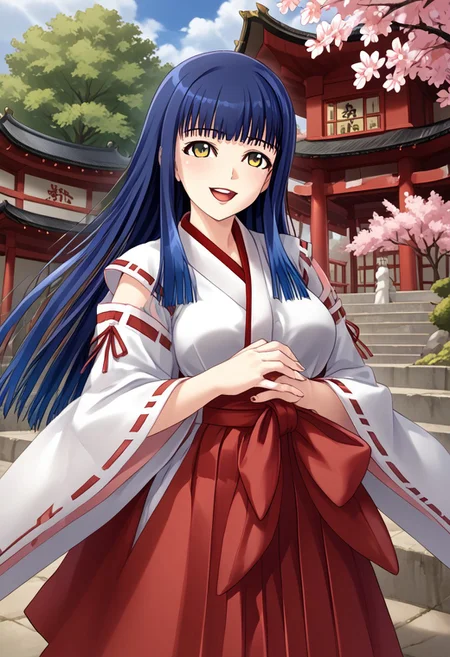 score_9,score_8_up,score_7_up,source_anime,5_figner,2d_animation,game cg,BREAK,1girl,Misato Amano,long hair,bangs,blue hair,yellow eyes,blunt bangs,smile,open mouth,front view,
miko,hakama skirt,red hakama,japanese clothes,wide sleeves,ribbon trim,ribbon-trimmed sleeves,
shrine,torri,tree,cloud,
masterpiece,best qualit,ultra-detailed,illustration,an extremely delicate and beautiful,beautiful detailed eyes,unity 8k wallpaper,high resolution,anime CG,official_art,