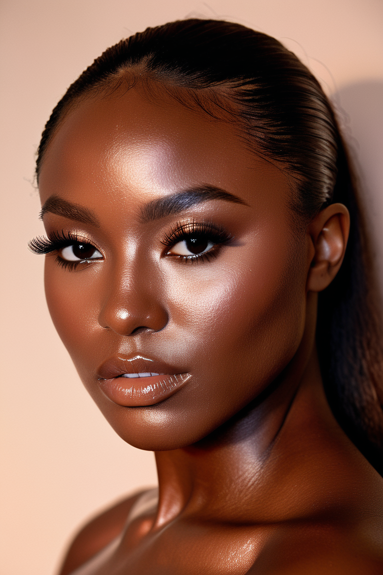 gsgml, Thicc and voluptuous, A stunning close-up portrait of a beautiful dark-skinned woman with flawless, glowing skin, looking directly into the camera with intense, soulful eyes, dramatic lashes, soft matte makeup, subtle glossy lips, high cheekbones, and a contemplative expression, minimalist background in soft beige tones, smooth lighting with gentle shadows, ultra-detailed skin texture, Canon RF 85mm lens, high-resolution beauty shot, studio lighting, Vogue-style editorial