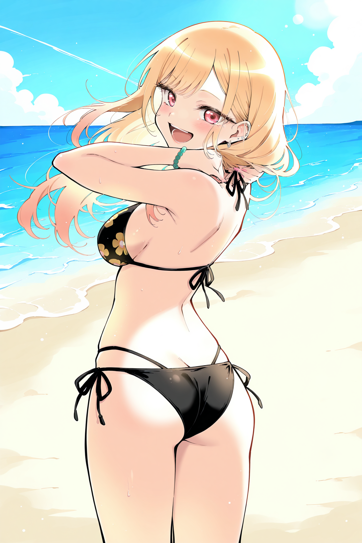 <lora:StS-Illustrious-Detail-Slider-v1.0:4>
 <lora:Tamarun_artist_style:1>
full color illustration, at a beach, sand, ocean, blue sky,
kitagawa_marin, sono_bisque_doll_wa_koi_wo_suru, 1girl, blonde_hair, black bikini, side tie bikini bottom, floral pattern, 
blonde hair, red eyes, from behind, looking back at the viewer, :D
cowboy shot, girl is 18 years old,