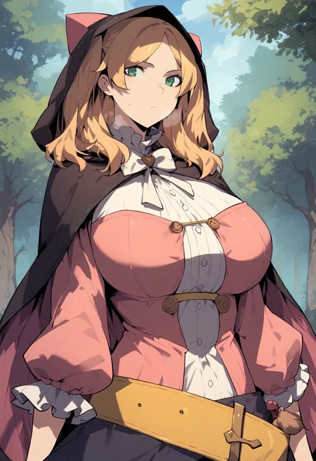 score_9, score_8_up, score_7_up, score_6_up, source_anime, rating_explicit, 1girl, solo, huge breasts, <lora:Euphemina prefectPonyxl:0.75> long hair, blonde hair, parted bangs, two side up, green eyes, brown hair, black capelet, hooded cloak, (cat hood:1.1), pink dress, white bowtie, juliet sleeves, puffy long sleeves, yellow belt, belt pouch, expressionless, Narrow shoulders, heavy breathing, steaming body, forest, outdoors, looking at viewer