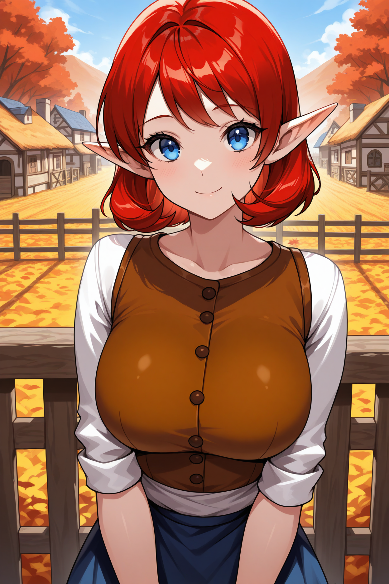 masterpiece, best quality, 1girl, solo,  <lora:anju-illu-nvwls-v1-000006:1> mmaju, red hair, medium hair, blue eyes, pointy ears, brown vest, white shirt, sleeves rolled up, blue skirt, upper body, looking at viewer, fence, village, blue sky, smile, autumn, large breasts, white chickens